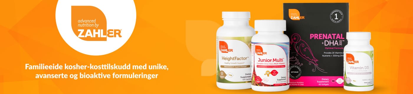 Zahler-banner som promoterer kosher-vitaminer, inkludert Prenatal +DHA, Junior Multi, HeightFactor og vitamin D3.
