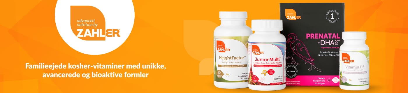 Zahler-banner med kosher-vitaminer, herunder prænatal +DHA, Junior Multi, HeightFactor og D3-vitamin.