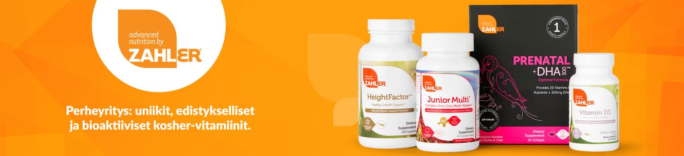 Zahlerin banneri, jossa on kosher-vitamiineja, kuten raskausajan +DHA:ta, Junior Multi-multivitamiinia, HeightFactor-vitamiinia ja D3-vitamiinia.