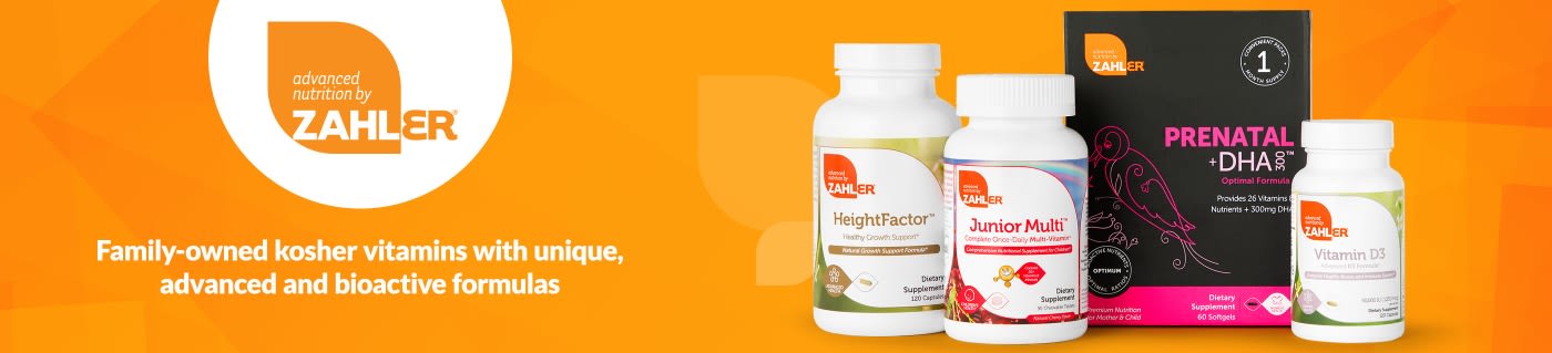 Zahler banner showcasing kosher vitamins including Prenatal +DHA, Junior Multi, HeightFactor, and Vitamin D3.