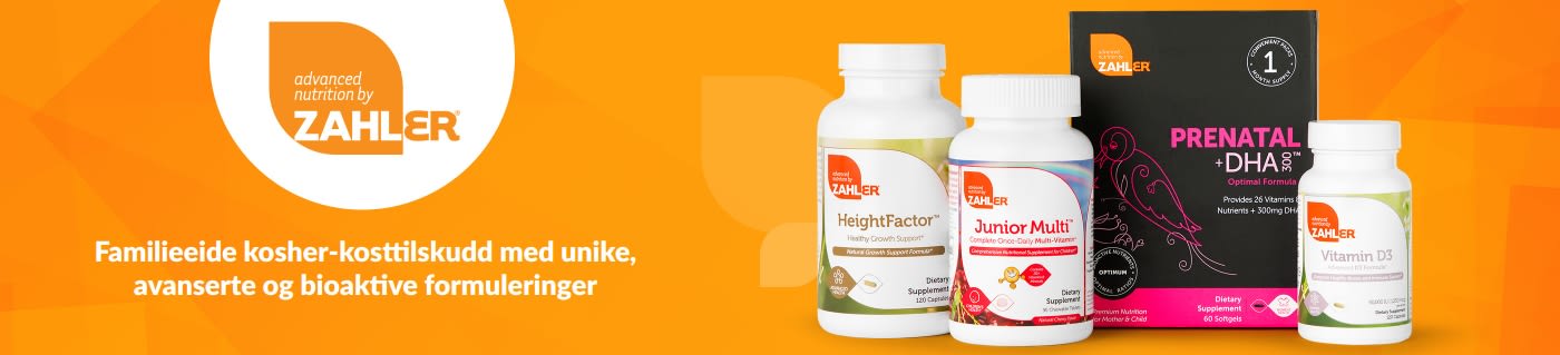 Zahler-banner som promoterer kosher-vitaminer, inkludert Prenatal +DHA, Junior Multi, HeightFactor og vitamin D3.