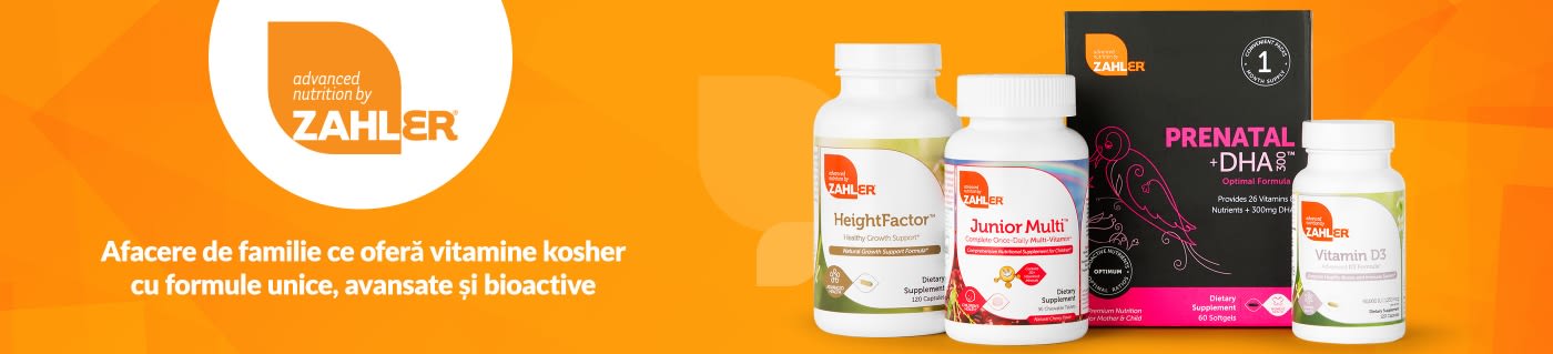 Zahler banner showcasing kosher vitamins including Prenatal +DHA, Junior Multi, HeightFactor, and Vitamin D3.