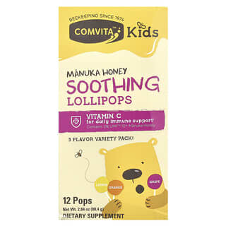 Comvita, Kids, Manuka Honey Soothing Lollipops, Ages 3 and Up, Lemon, Orange, Grape, 12 Pops, 2.84 oz (80.4 g)