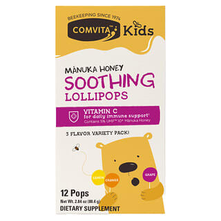 Comvita, Sucettes apaisantes pour enfants au miel de manuka, À partir de 3 ans, Citron, orange, raisin, 12 sucettes, 80,4 g