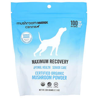 Mushroom Matrix Canine, Maximum Recovery, certyfikowany organiczny proszek z grzybów, dla zwierząt domowych 50 funtów, dla psów i kotów, 200 g