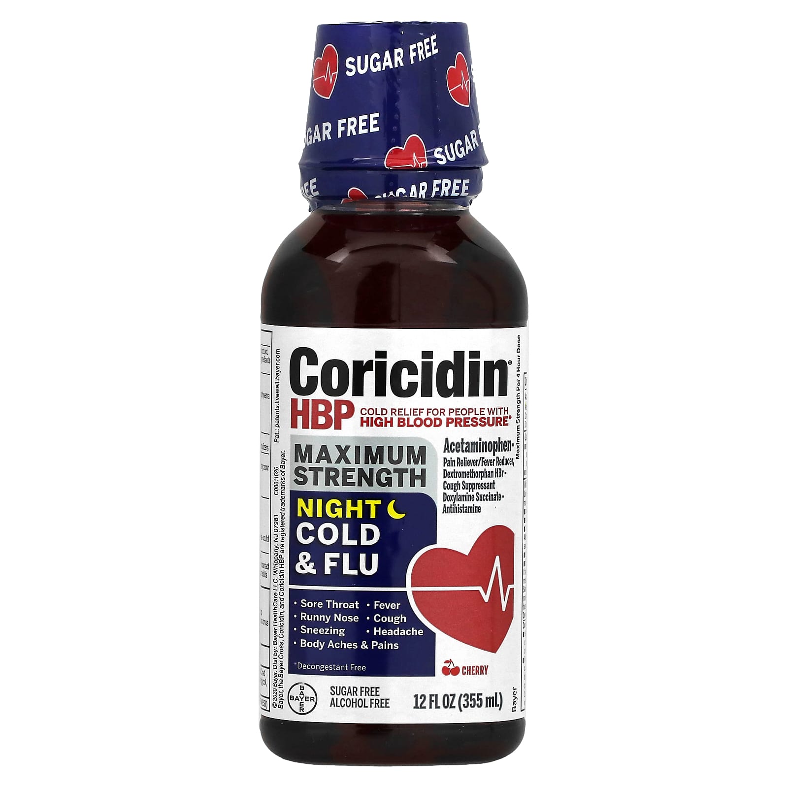 Coricidin HBP, Cold & Flu, Night, Maximum Strength, Cherry, 12 fl oz ...