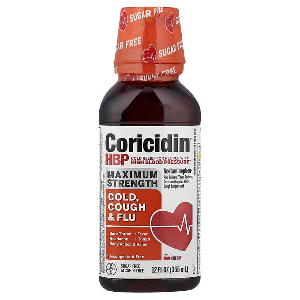 Coricidin HBP, 감기, 기침 및 독감, 맥시멈 강도, 체리 맛, 355ml(12fl oz)