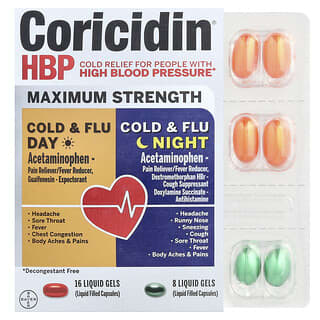 Coricidin HBP, Cold & Flu Day and Night, Maximum Strength, 2 Bottles, 24 Liquid Gels