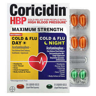 Coricidin HBP‏, צינון ושפעת ליום וללילה, עוצמה מרבית, 2 בקבוקים, 24 כמוסות נוזליות