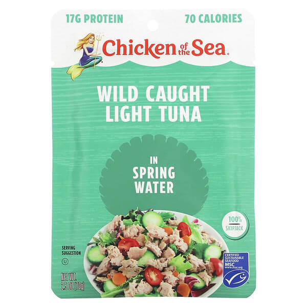 Chicken of the Sea, Atún ligero capturado en estado salvaje en agua de manantial`` 70 g (2,5 oz)