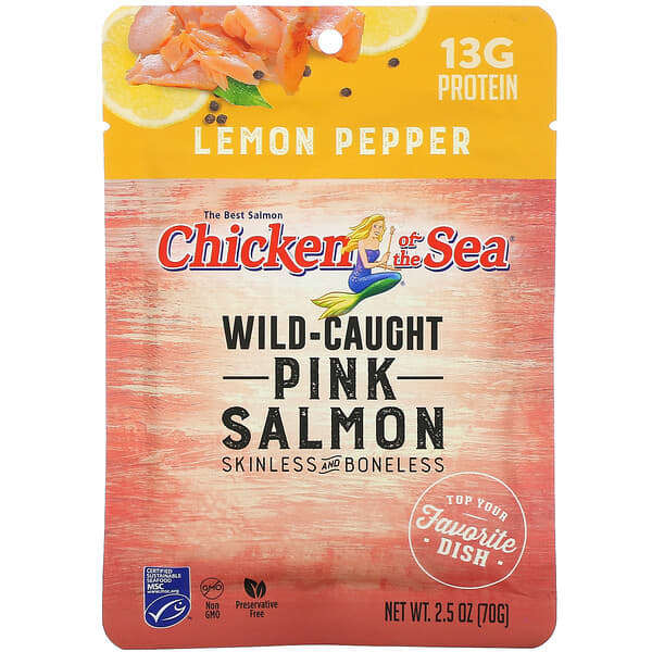 Chicken of the Sea, Salmón rosado capturado en el medio silvestre, Limón y pimienta, 70 g (2,5 oz)