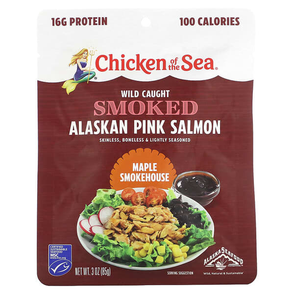 Chicken of the Sea, 野外捕獲煙燻阿拉斯加粉紅鮭魚，楓木薰制屋，3 盎司（85 克）