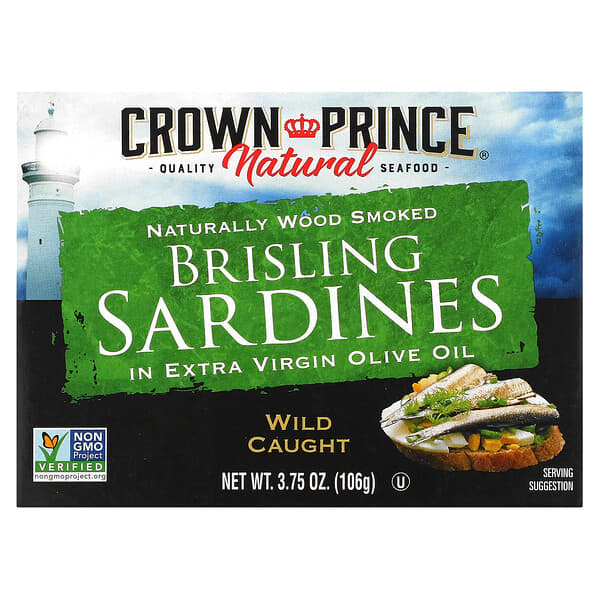Crown Prince Natural, ブリスリング種イワシ（Brisling Sardines）、エキストラバージンオリーブオイル付け、106g（3.75オンス）