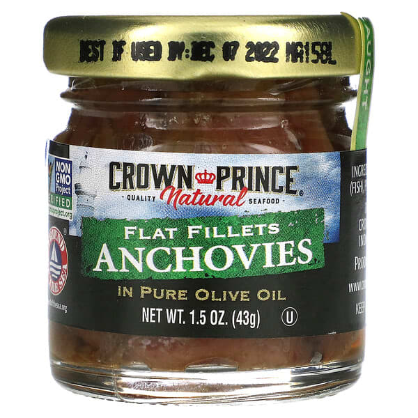 Crown Prince Natural, анчоусы, плоское филе, в чистом оливковом масле, 43 г (1,5 унции)