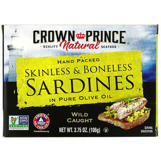 Crown Prince Natural, Sardinas sin piel y sin huesos, en aceite de oliva pura, 3.75 oz (106 g)