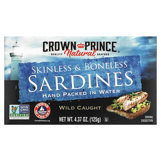Crown Prince Natural, Sardinhas sem pele e sem espinhas, Embaladas à mão em água, 4.37 oz (125 g)