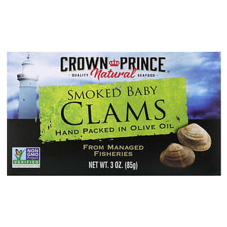 Crown Prince Natural, Almejas pequeñas ahumadas, en aceite de oliva, 85 g (3 oz)