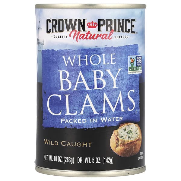 Crown Prince Natural, Whole Baby Clams, Packed in Water, 10 oz (283 g)