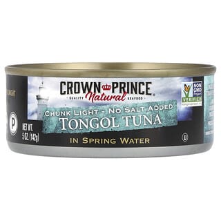 Crown Prince Natural, Tongol Tuna, Chunk Light, In Spring Water, No Salt Added, Tongol Thunfisch, leichte Thunfischstückchen, in Quellwasser, nicht gesalzen, 142 g (5 oz.)