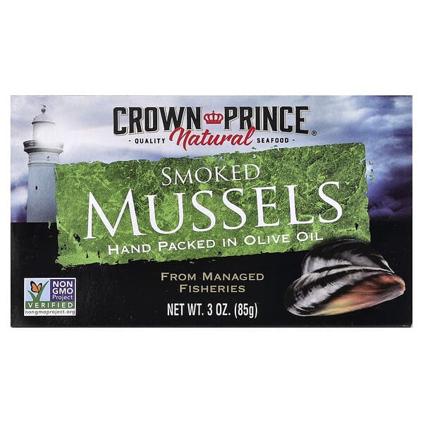 Crown Prince Natural, Smoked Mussels, In Olive Oil, 3 oz (85 g) — product photo 1