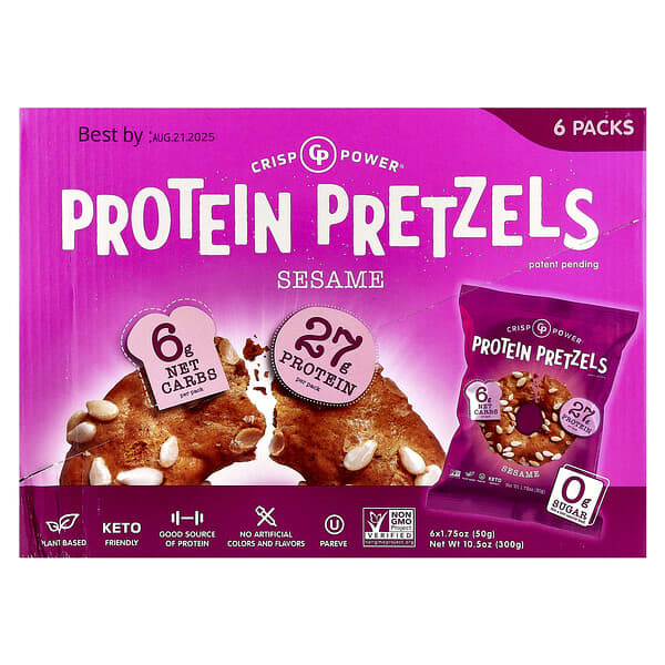 Protein Pretzels, Sesame, 6 Bags, 1.75 oz (50 g) Each
