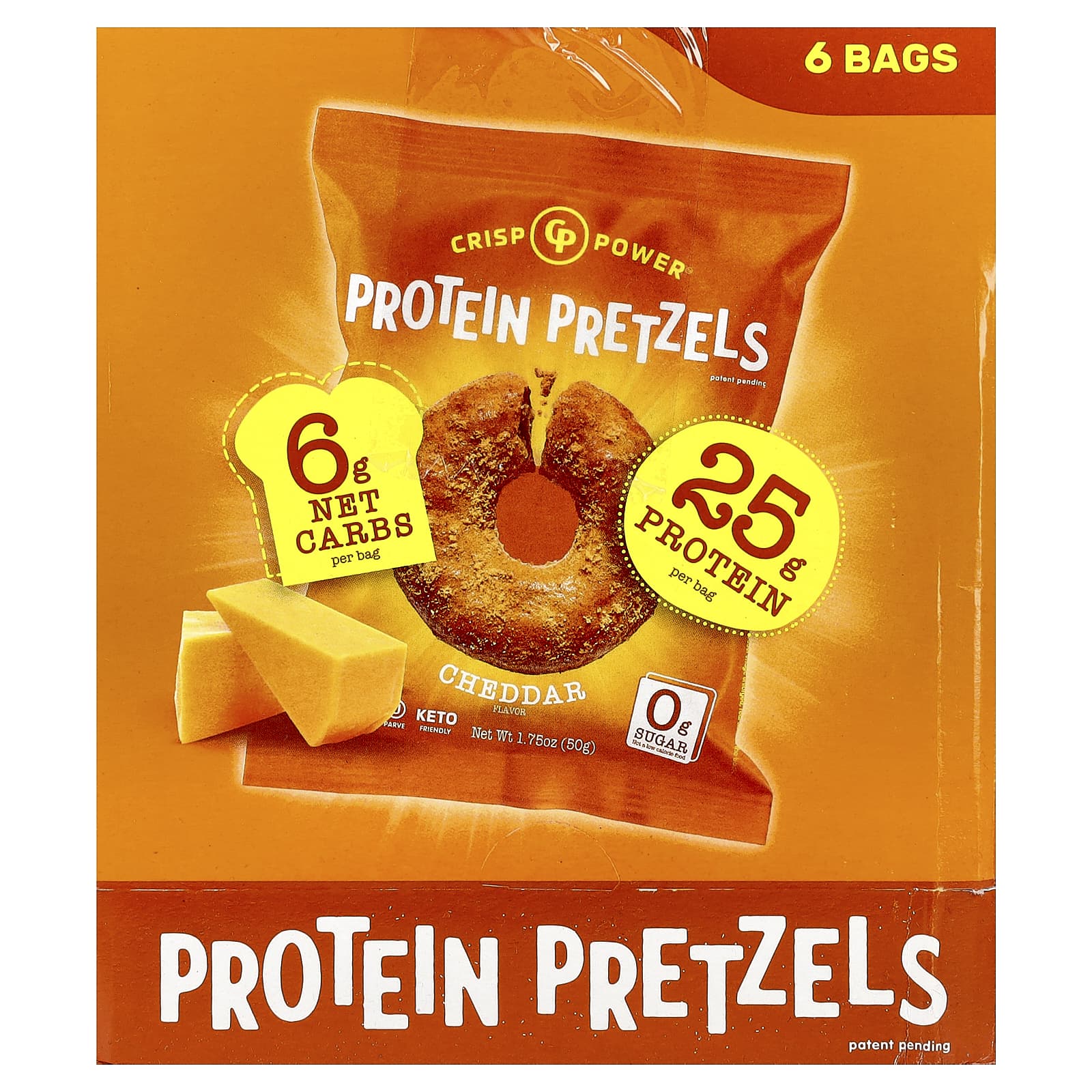 Crisp Power, протеиновые крендели, с чеддером, 6 пакетиков по 50 г (1,75 унции)