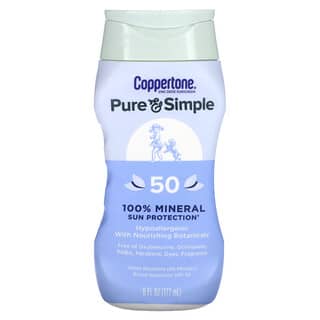 Coppertone, Pure & Simple, Protección solar 100% mineral, FPS 50, 177 ml (6 oz. Líq.)