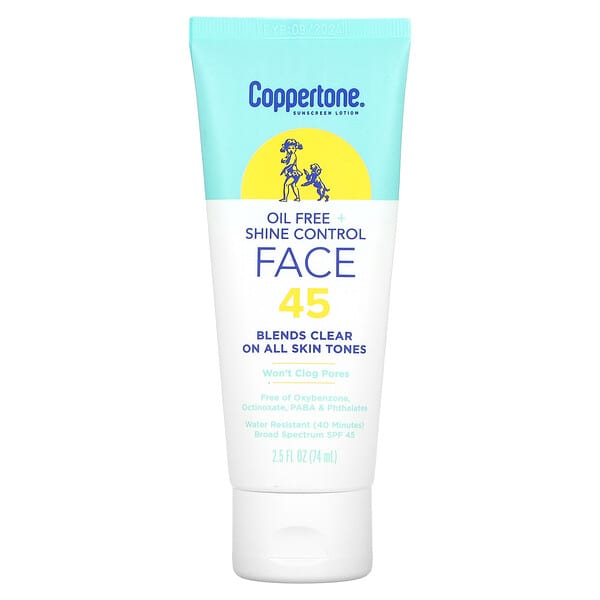 Coppertone‏, Sunscreen Lotion, Oil Free + Shine Control, Face, SPF 45, 2.5 fl oz (74 ml)