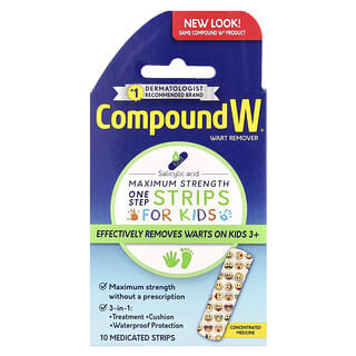 Compound W, Eliminador de verrugas, Tiras de un solo paso, Máxima concentración, Para niños, De 3 años en adelante, 10 tiras medicinales