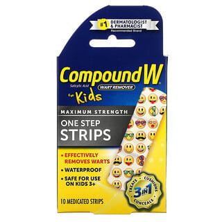 Compound W, Wart Remover, One Step Strips, Maximum Strength, For Kids, Ages 3+, 10 Medicated Strips