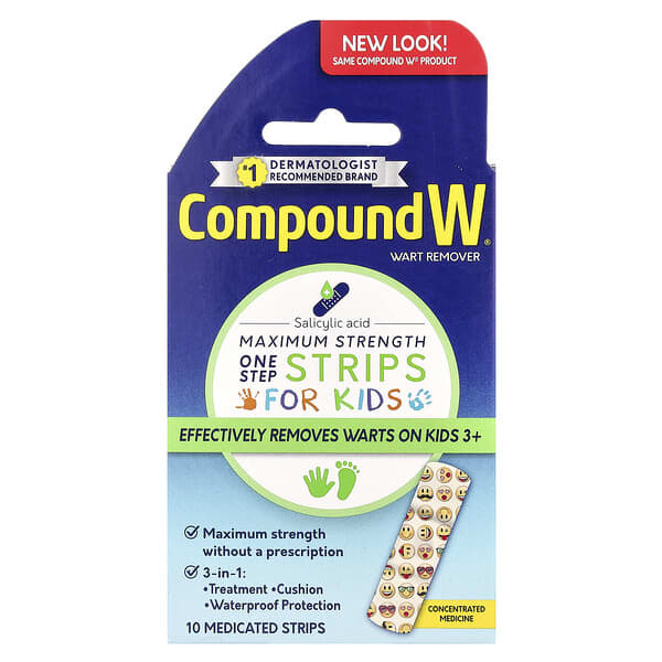 Compound W, 사마귀 제거제, 원스텝 스트립, 맥시멈 스트렝스, 어린이용, 만 3세 이상, 약용 스트립 10매