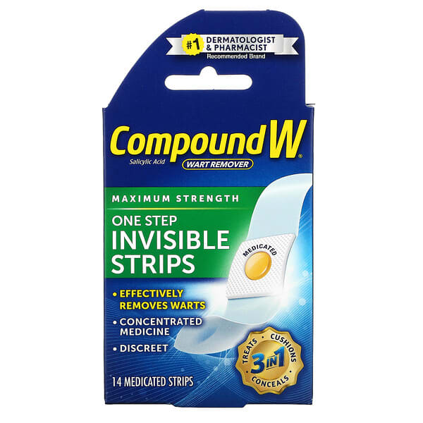 Compound W, Wart Remover、ワンステップで貼れる目立たないシート、高強度、ストリップ14枚