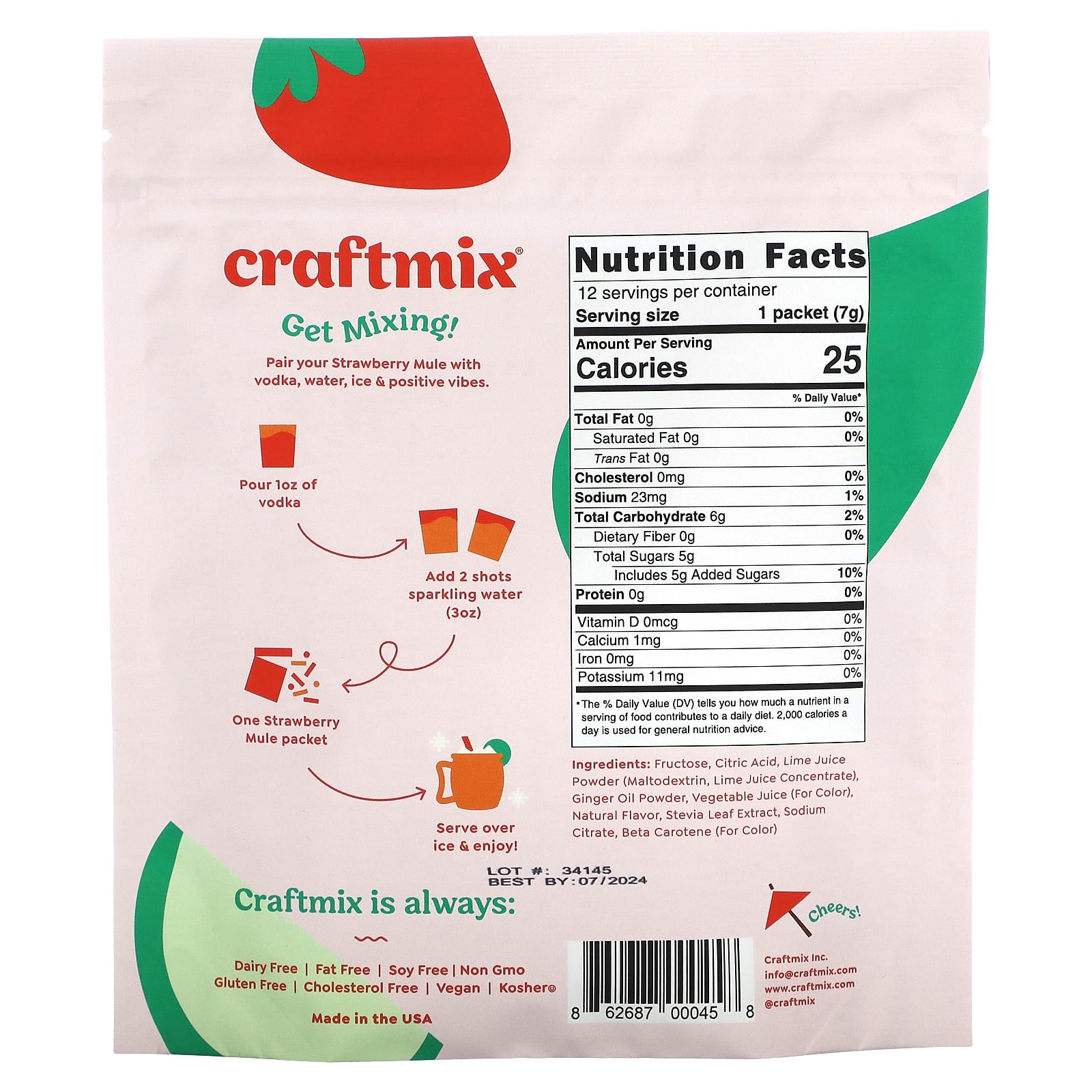 Craftmix, Cocktail Mix Packets, Strawberry Mule, 12 Packets, 2.96 oz (84 g)