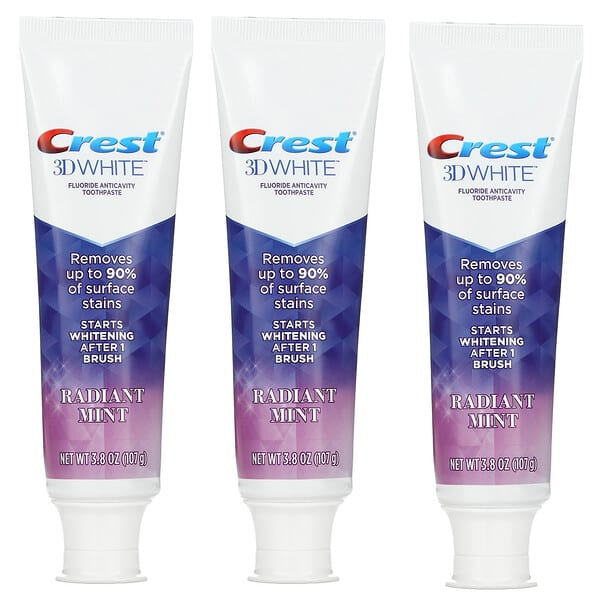 Crest, 3D White, Fluoride Anticavity Toothpaste, Radiant Mint, 3 Pack, 3.8 oz (107 g) Each