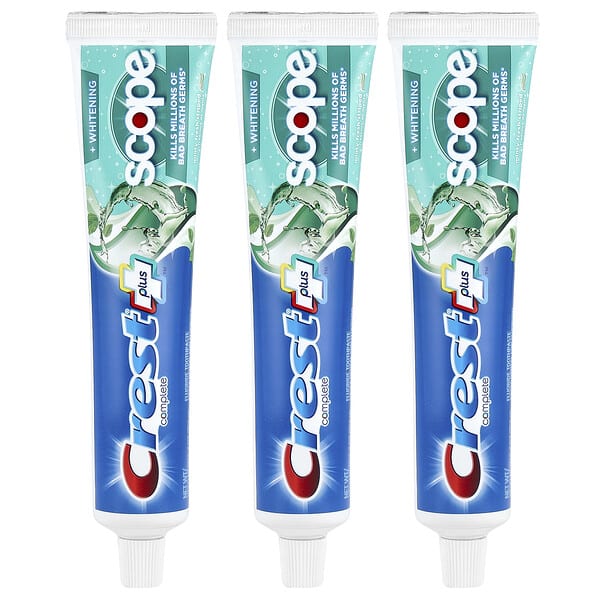كريست‏, Complete Plus ™ ، معجون أسنان Scope® + مبيض بالفلورايد ، بنكهة النعناع المنعش ، 3 عبوات ، 5.4 أونصة (153 جم) لكل منها