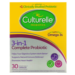 Culturelle, Probióticos, Probiótico completo 3 en 1 con omega 3, 30 cápsulas de una vez por día