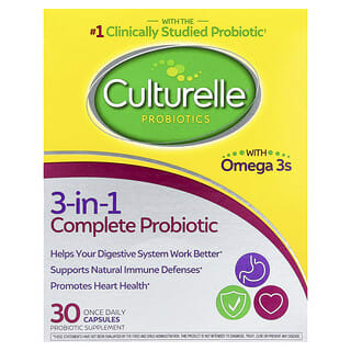 Culturelle, Probióticos, Probiótico completo 3 en 1 con omega 3, 30 cápsulas de una vez por día