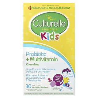 Culturelle, 兒童，益生菌 + 多維生素咀嚼片，3 歲以上，天然水果混合味，30 片咀嚼片