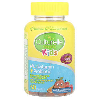 Culturelle, Probiotici per bambini, multivitaminico e probiotico, pesca, arancia e frutti di bosco misti, 60 caramelle gommose