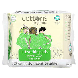 Cottons, فوط صحية مريحة من القطن بنسبة 100٪، رفيعة للغاية وبأجنحة، عادية، 14 فوطة صحية