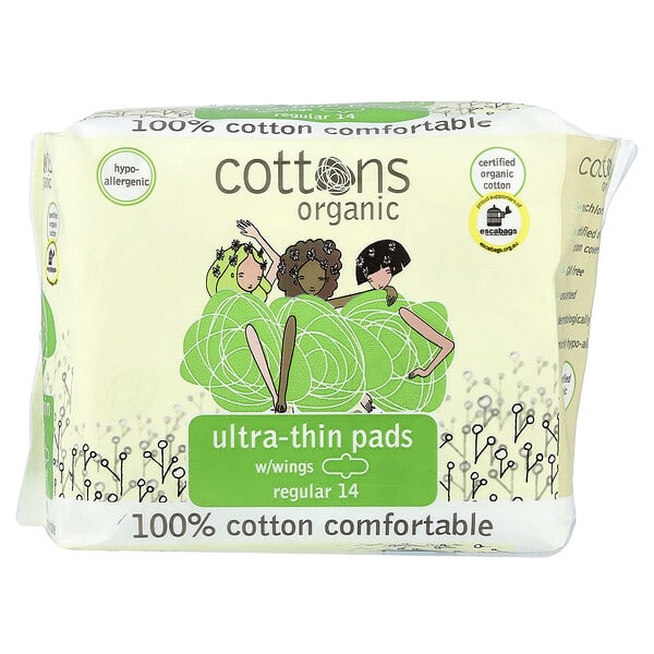 Cottons, 100% 순면으로 편안한 울트라 씬 패드, 날개형, 레귤러, 14개입