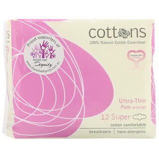 Cottons, Lámina de algodón 100 % natural, Toallitas femeninas ultrafinas con alas, Tamaño súper, 12 toallitas
