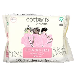 Cottons, Serviettes hygiéniques ultrafines avec ailettes et voile 100 % en coton naturel, Super, 12 pièces