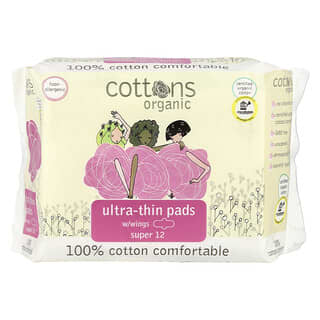 Cottons, Lámina de algodón 100 % natural, Toallitas femeninas ultrafinas con alas, Tamaño súper, 12 toallitas