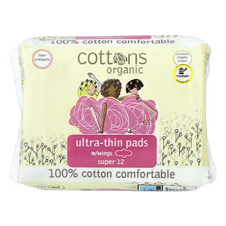 Cottons, 100% Baumwolle, bequeme, ultradünne Pads mit Flügeln, Super, 12 Pads