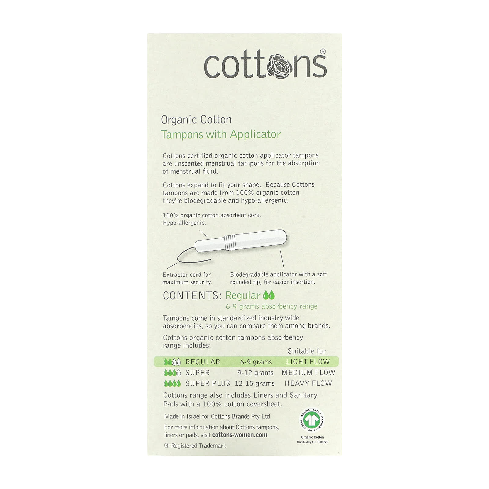Cottons, Organic Cotton, Tampons with Applicator, Regular, 16 Tampons