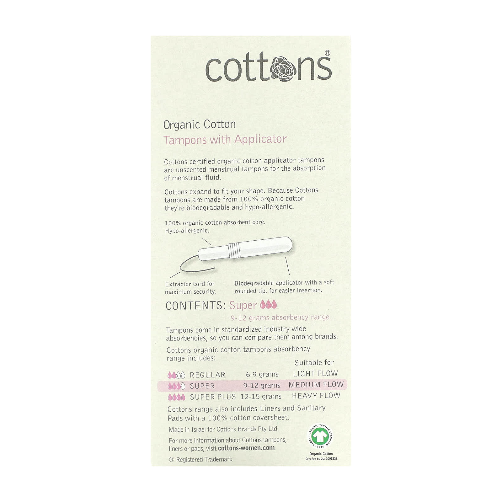 Cottons, Organic Cotton, Tampons with Applicator, Unscented, Super, 14