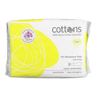 Cottons, 100% Natural Cotton Coversheet, Pre-Menopause Pads with Wings, 8 Pads