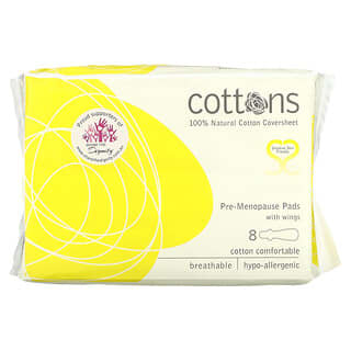 Cottons, Покровное полотно из 100% натурального хлопка, прокладки перед менопаузой с крыльями`` 8 прокладок