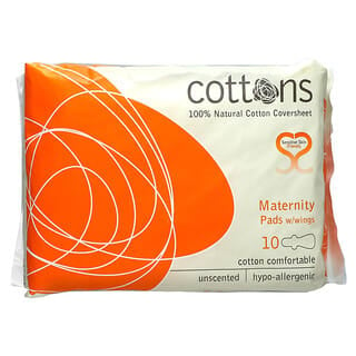 Cottons, Lámina de algodón 100 % natural, Toallitas femeninas con alas para maternidad, Flujo intenso, 10 toallitas